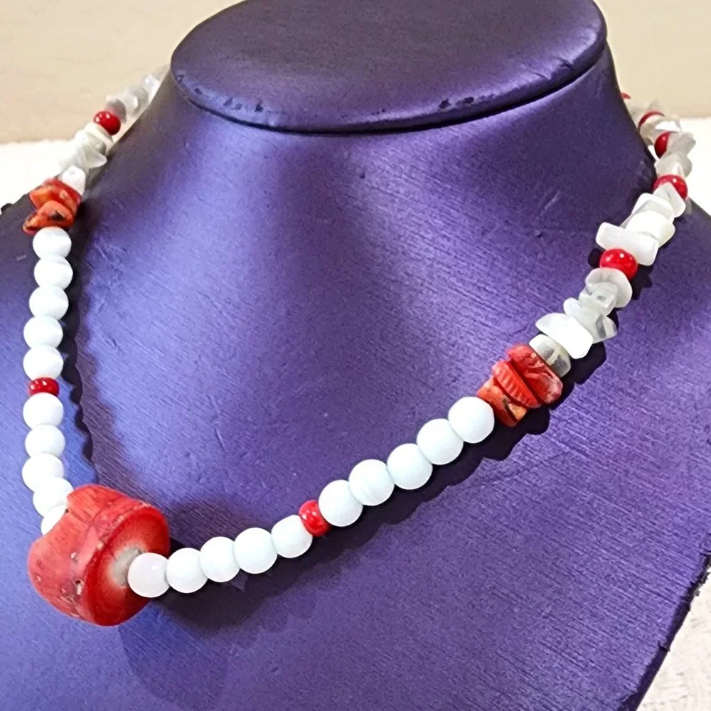 MCM White Abalone Mother of Pearl and Red Natural Stone Beaded Necklace